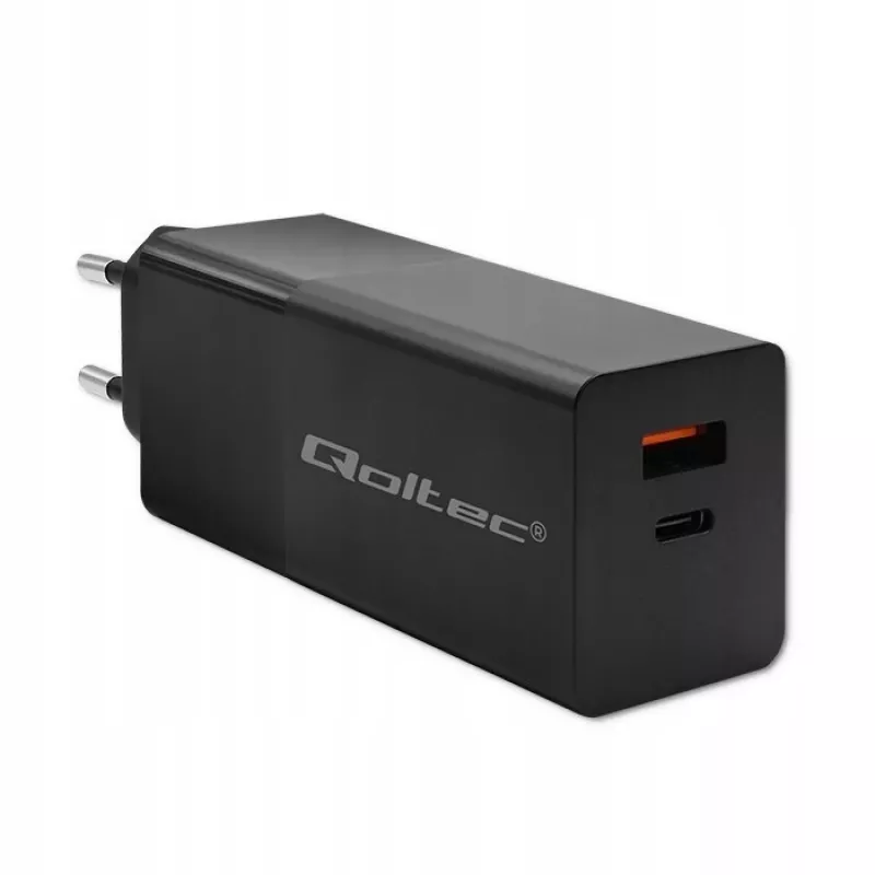 Qoltec 52382 GaN POWER PRO caricabatterie | 1xUSB Type C | 1xUSB A | 100W | 5-20V | 1.5-5A | PD | nero