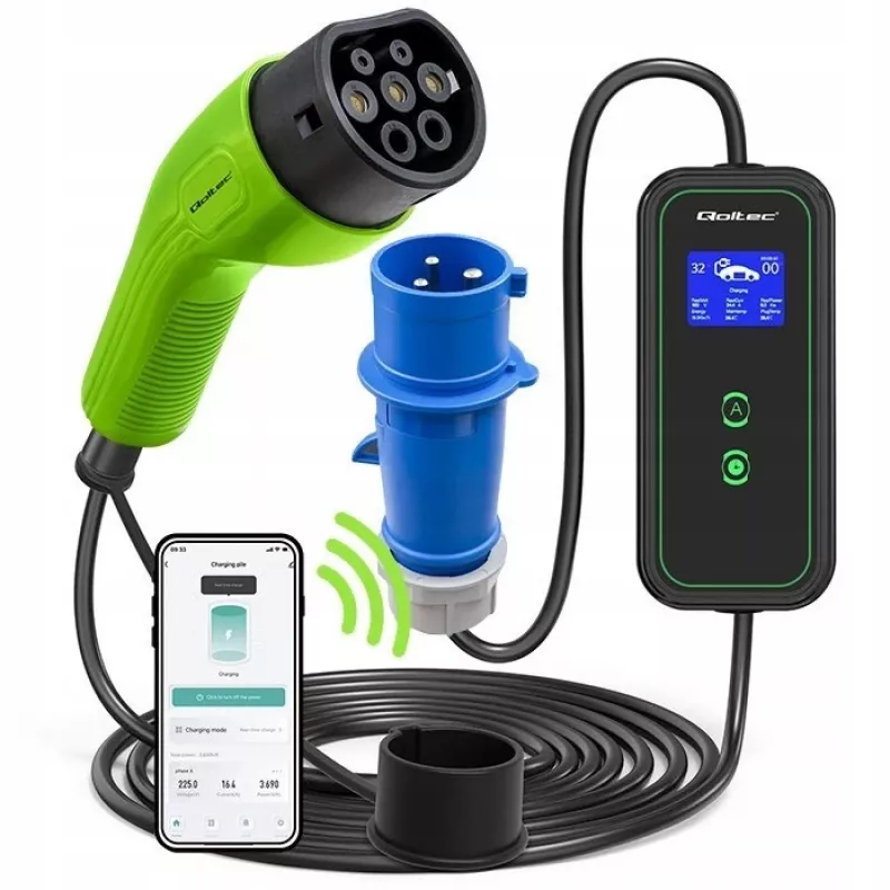 Caricabatterie mobile EV Qoltec regolabile 2in1 Type2 | 7kW | 230V | CEE 3 PIN | Wi-Fi | LCD | portatile | wallbox | 5m