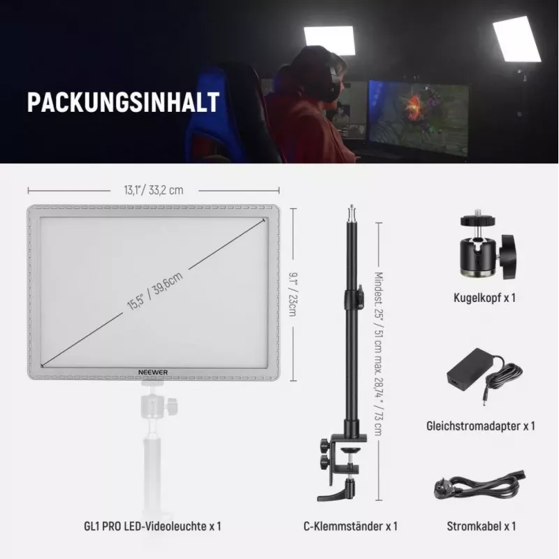 Lampada LED Neewer GL1 Pro 2900–7000K luce da studio portatile bi-color con temperatura colore regolabile