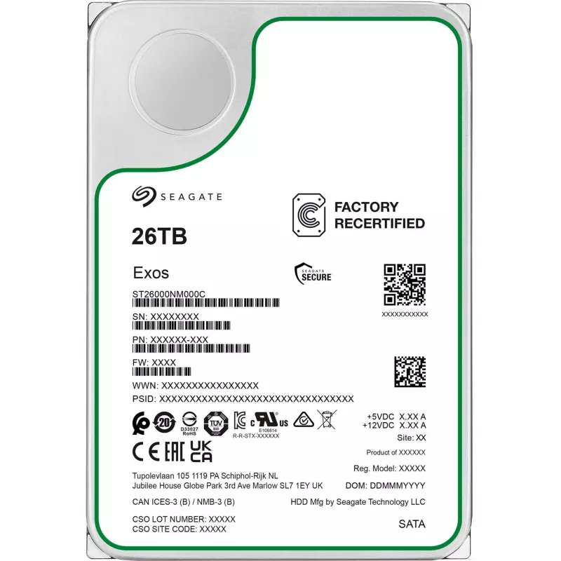 Seagate Exos ST26000NM000C-FR disco rigido da 26 TB 3,5 pollici SATA-600, 7200 giri/min, Factory Refurbished