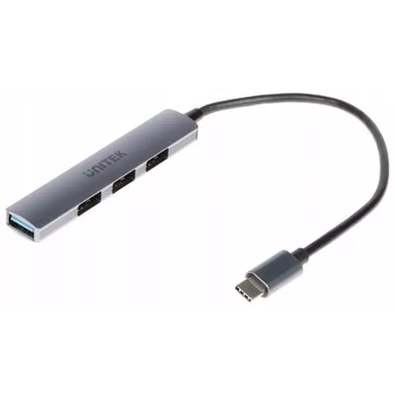 Hub USB-C Unitek H1208B — 1x USB-A 5 Gbit/s, 3x USB-A 2.0, host USB-C, case in alluminio, cavo 0,20 m