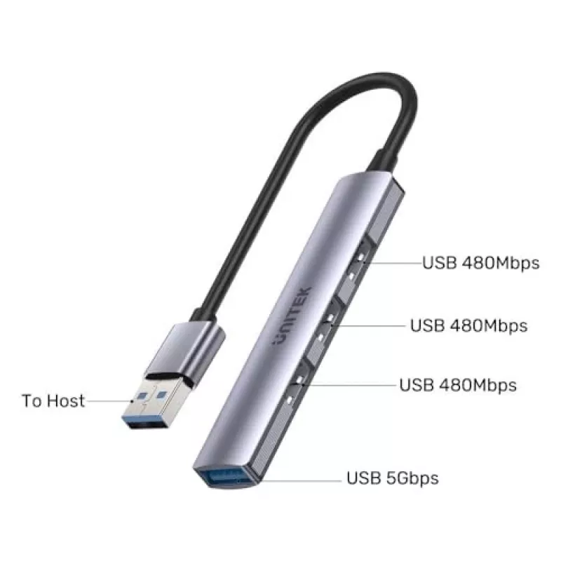 Unitek H1208A hub USB-A, 4 porte (1x USB-A 5 Gbps, 3x USB-A 2.0), alluminio, argento