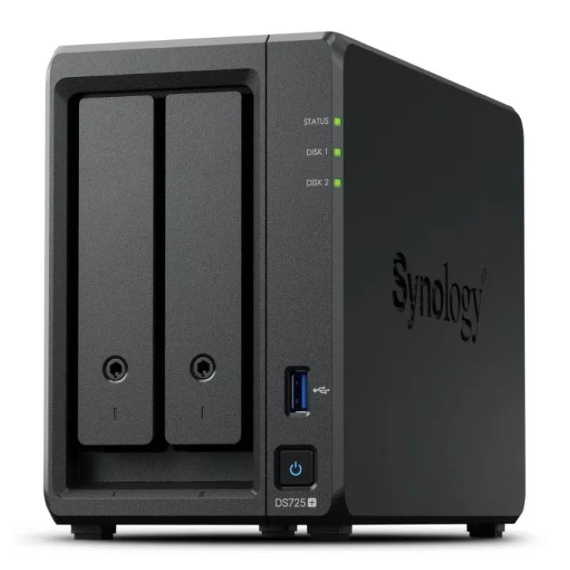 NAS Synology DiskStation DS725+ 2-Bay Ryzen R1600 4GB DDR4 ECC, 2.5GbE, 2x M.2, supporto RAID, 0TB, nero