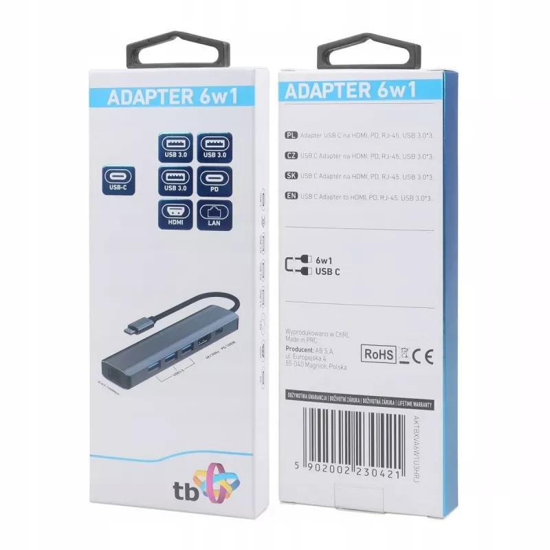 Adattatore HUB USB C 6in1 - HDMI, USBx3, PD, RJ-45