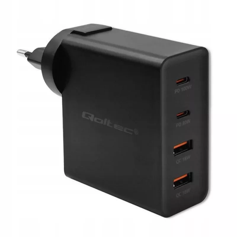 Qoltec GaN POWER PRO caricabatterie | 2xUSB-C | 2xUSB | 130W | 5-20V | 1.5-5A | XP | nero