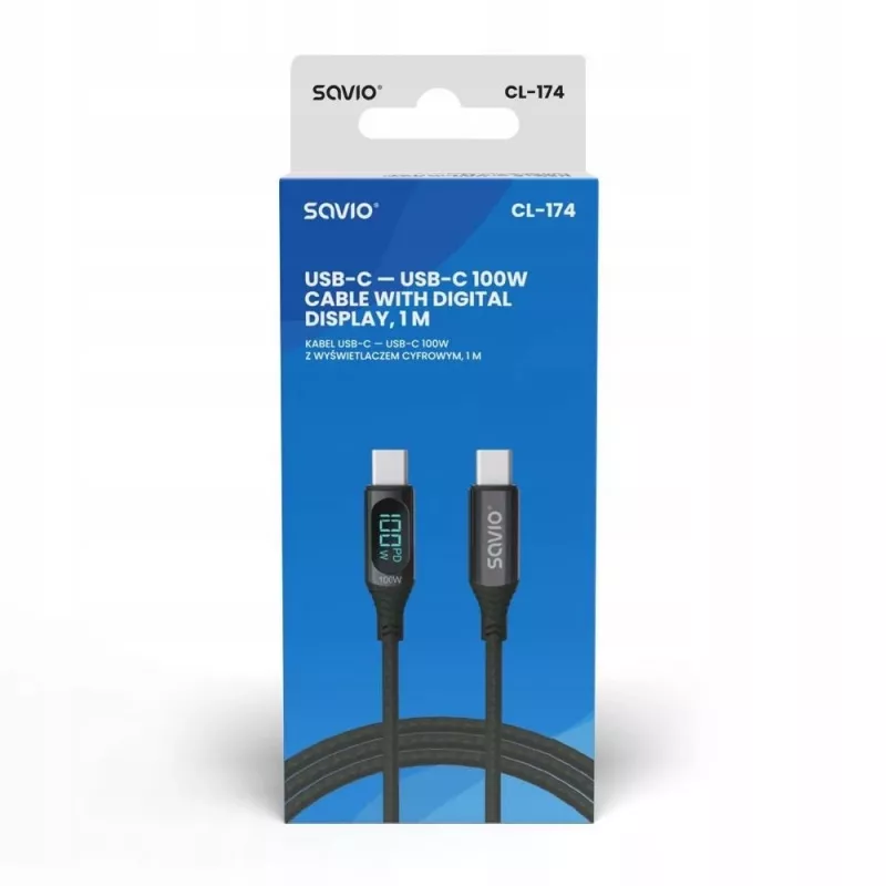 Savio CL-174 cavo USB-C - USB-C, 100 W, Power Delivery/Quick Charge, display digitale, 1 m, verde