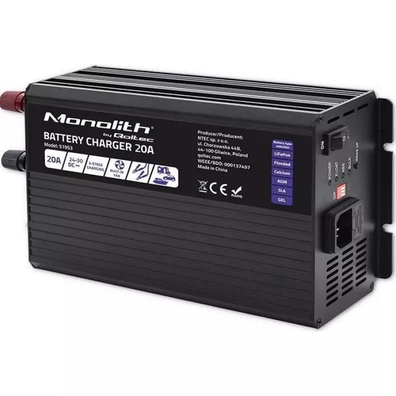 Qoltec Smart Monolith caricabatterie per batterie LiFePO4 AGM GEL SLA | 20A | 24V