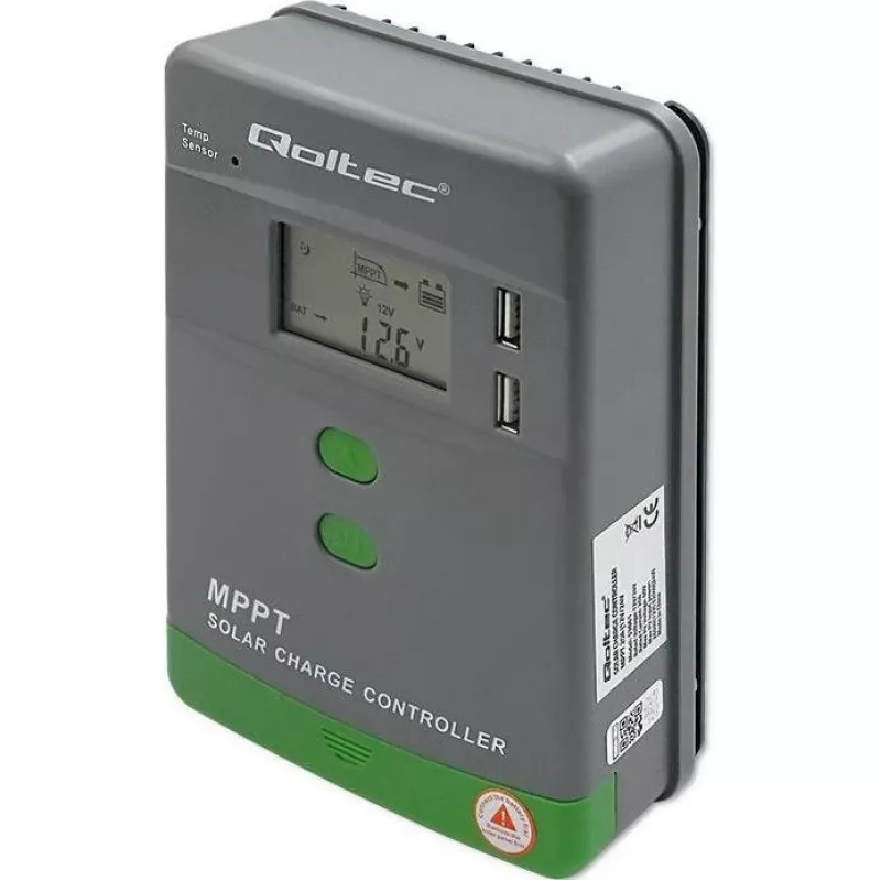 Qoltec, Regolatore di carica solare MPPT con sensore di temperatura 20A 12V/24V display LCD 2 X USB