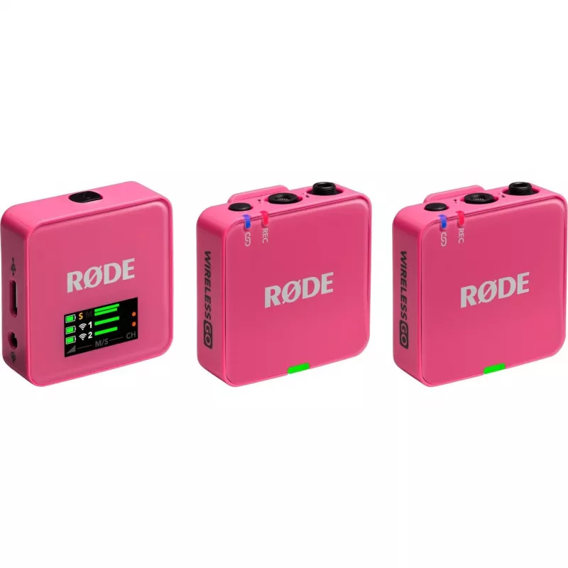 Microfono wireless RODE Wireless GO III Rosa — sistema trasmettitore e ricevitore compatto a due canali