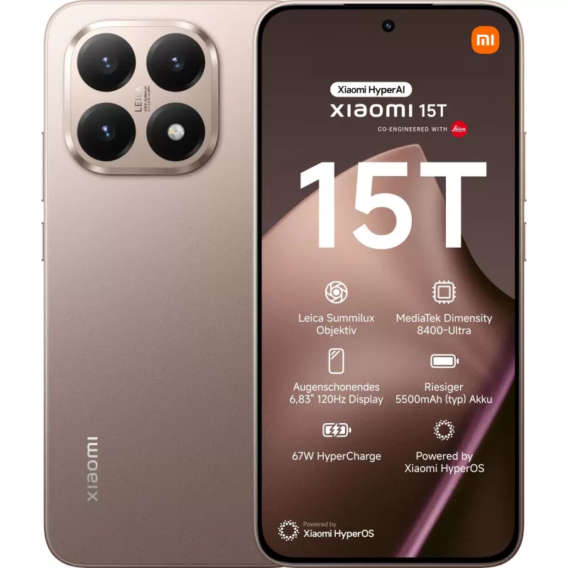 Smartphone Xiaomi 15T 5G 12 GB RAM 256 GB, 6,83" AMOLED 120 Hz, Android 15, tripla fotocamera 50 MP, 5500 mAh, oro rosa