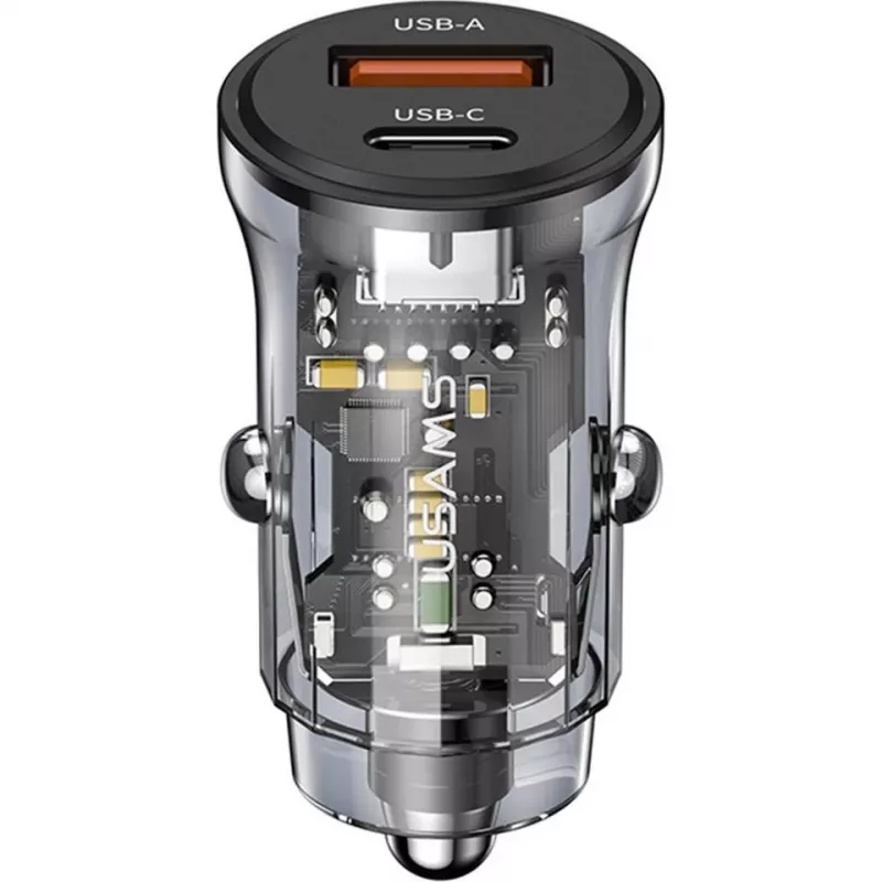 Caricabatterie da auto usams CC164CC01 30W con 1×USB-A e 1×USB-C per ricarica rapida