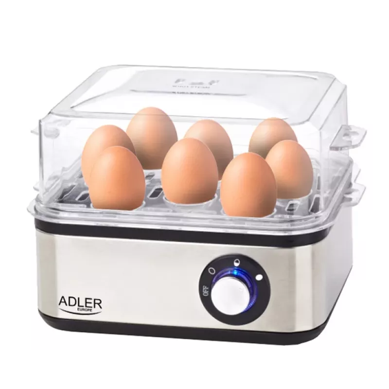 Cuociuova Adler AD 4486 — capacità per 8 uova, 800 W, acciaio satinato nero con coperchio trasparente