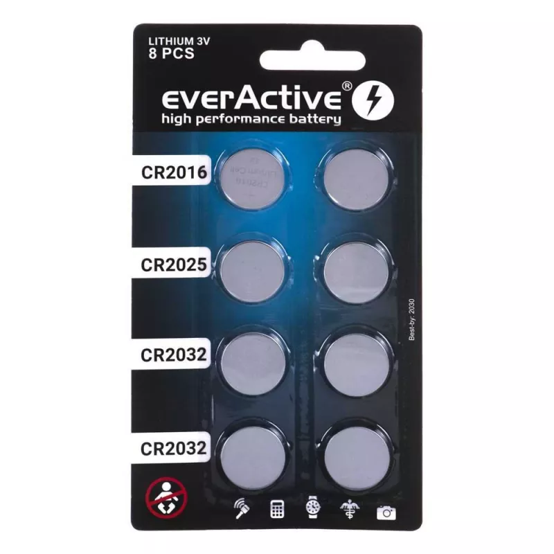 Set da 8 batterie al litio everActive 4 x CR2032, 2 x CR2025, 2 x CR2016