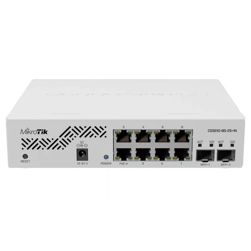 Switch di rete MikroTik CSS610-8G-2S+IN — 8x Gigabit RJ-45, 2x SFP+ 10G, PoE, ingresso 12–57V
