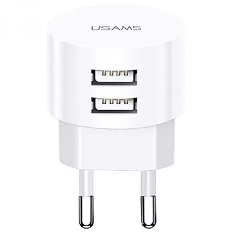 USAMS US-CC080 T20 caricabatterie da viaggio rotondo, 2x USB, 5 V 2,1 A, 10 W, bianco