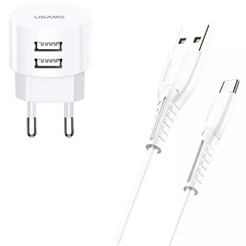 Caricabatterie usams XTXLOGT18TC05 con 2x porte USB e cavo USB-C integrato, uscita 2,1A