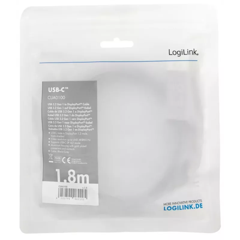 LogiLink CUA0100 Adattatore cavo DisplayPort USB 3.2 Gen1 Type-C 1,8m nero grigio