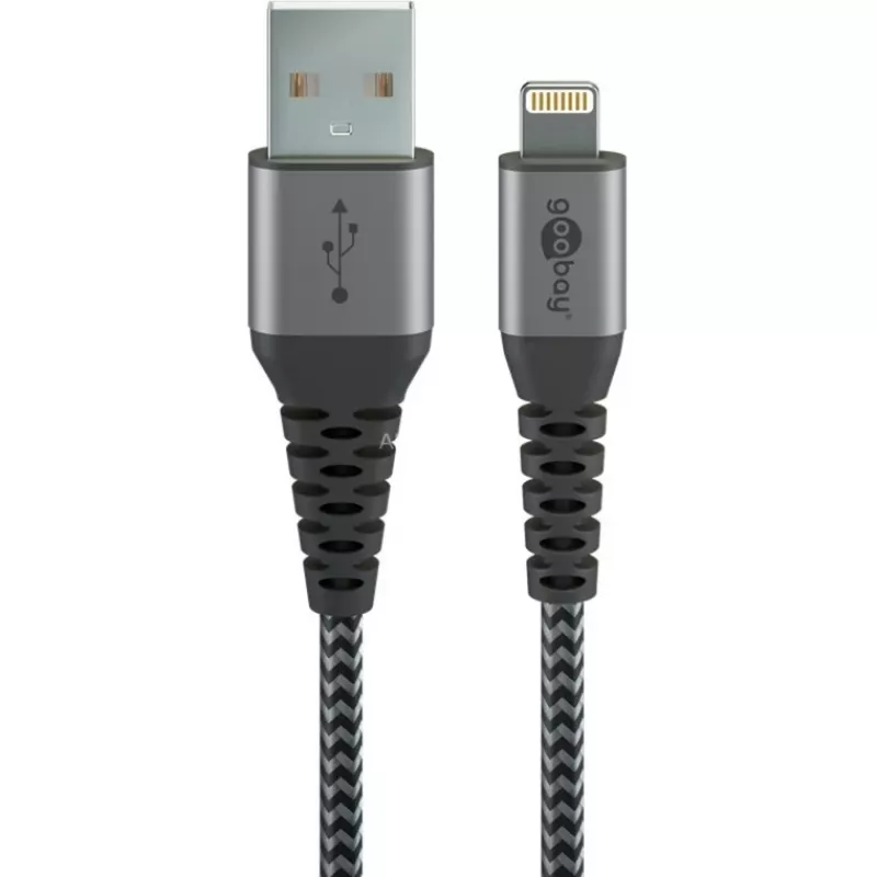 Goobay 49268 cavo in tessuto da Lightning a USB-A con connettori in metallo, MFi, 1 m, grigio siderale/argento