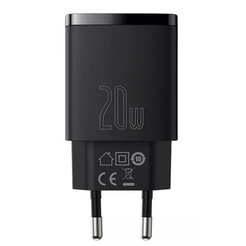 Caricabatterie rapido USB da interno Baseus CCXJ-B01 – 2 porte (USB-C PD 20W + USB-A QC3.0 18W), 100–240 V, nero