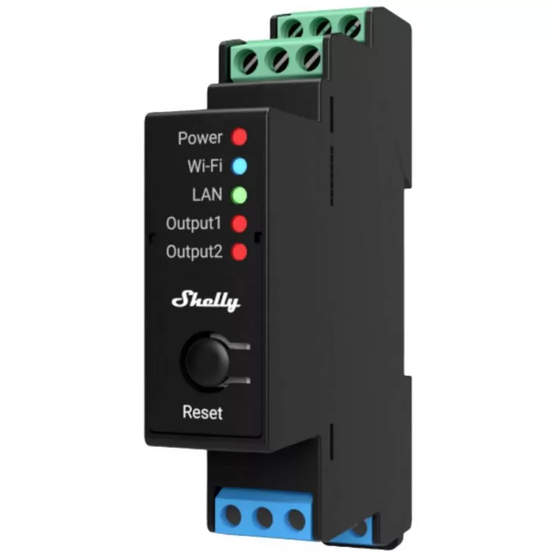 Relè intelligente Shelly Pro 2PM a 2 canali per guida DIN con misurazione energia, 25 A, Wi-Fi, LAN, Bluetooth, nero