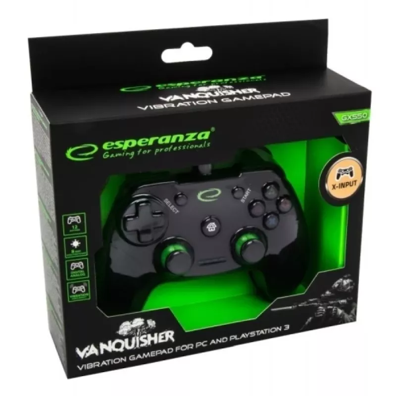 Esperanza EGG110K Vanquisher gamepad USB cablato per PC/PS3, con vibrazione, 12 pulsanti, 2 stick analogici, nero/verde