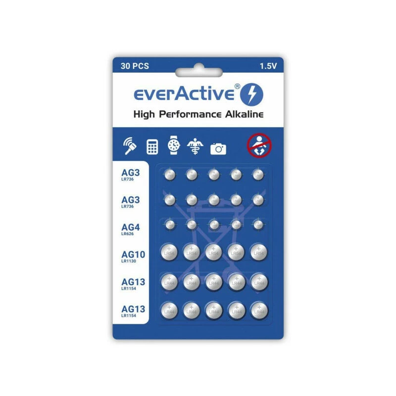 Batterie alcaline everActive AGMIX30BL 1,5 V — confezione da 30 pz., a bottone