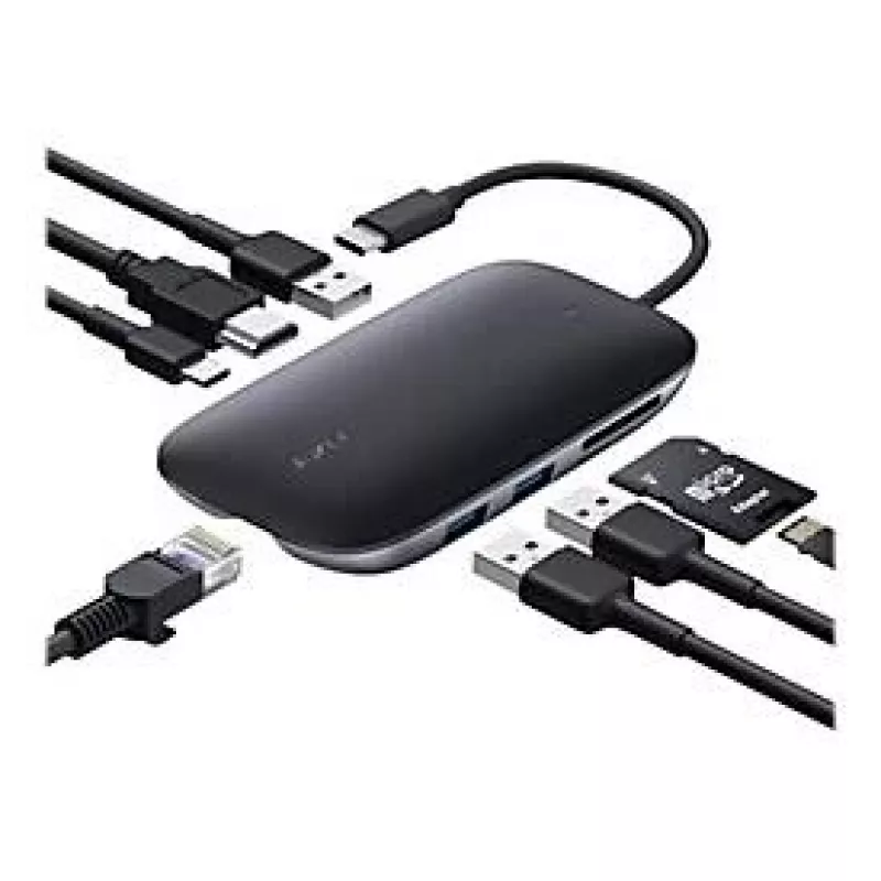 AUKEY CB-C71 hub USB-C 8 in 1, 3x USB-A 3.0, HDMI 4K@30Hz, Gigabit RJ45, SD/microSD, USB-C PD 100 W, cavo 0,15 m, alluminio, nero