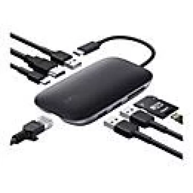 AUKEY CB-C71 hub USB-C 8 in 1, 3x USB-A 3.0, HDMI 4K@30Hz, Gigabit RJ45, SD/microSD, USB-C PD 100 W, cavo 0,15 m, alluminio, nero