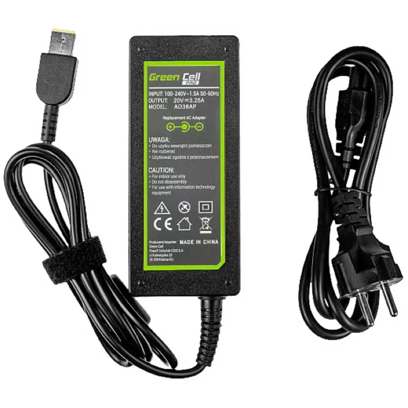 Alimentatore Green Cell AD38AP 65W per laptop Lenovo, 20V 3,25A, cavo da 1,2 m, nero