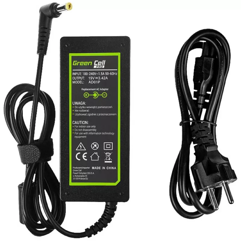 Alimentatore Green Cell AD01P — 60 W, 19 V 3,42 A, alimentatore per laptop da interno, nero