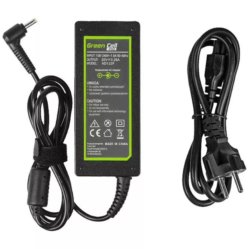 Alimentatore Green Cell AD123P 65 W 20 V 3,25 A per Lenovo, da interno, nero, cavo 2 m