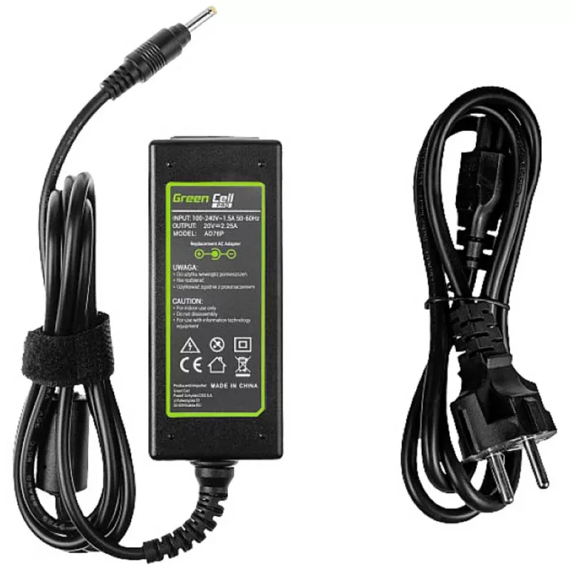 Alimentatore Green Cell AD76P 45W per laptop Lenovo, 20V 2,25A, da CA a CC, ingresso 100–240V, nero