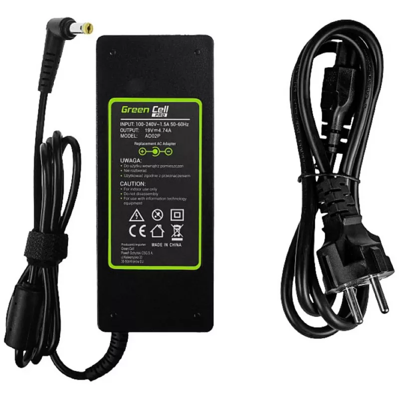 Alimentatore per laptop Green Cell AD02P 90W 19V 4,74A da CA a CC per interni, nero