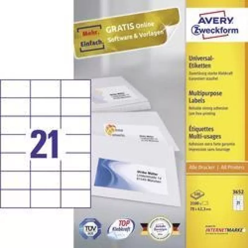 Avery - etichette - bianco - 42,3 x 70 mm, 2100 etichette (100 fogli x 21) (3652)