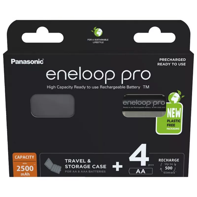 Batterie ricaricabili PANASONIC ENELOOP PRO AA 2500 mAh 4 pz. + custodia (BK-3HCDE/4CP+CASE)