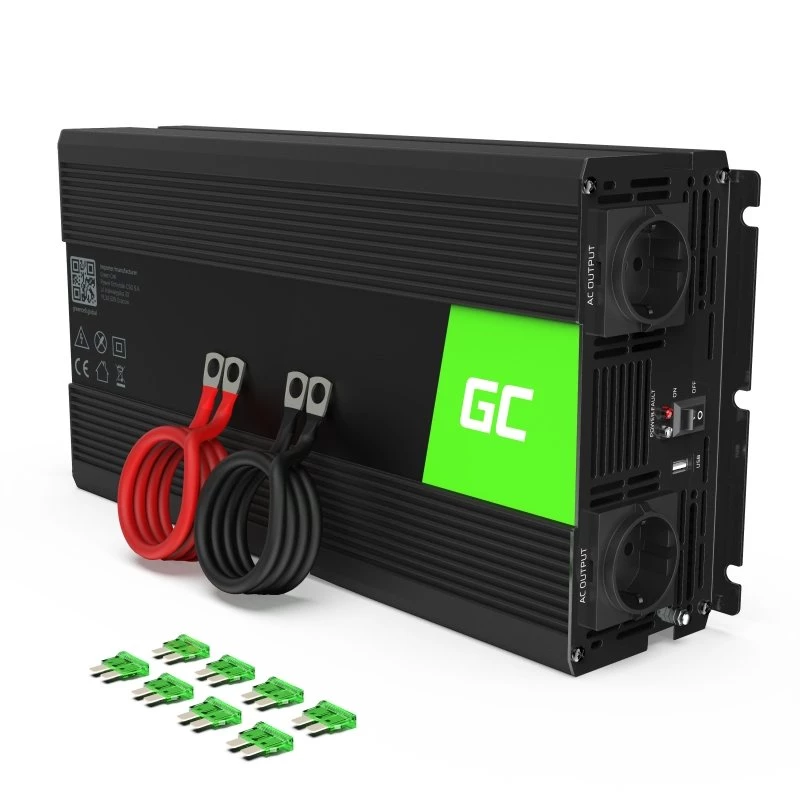 Inverter per auto Green Cell INV22 — 1500 W, 12 V DC a 230 V AC, 50 Hz, LED, raffreddamento attivo, nero