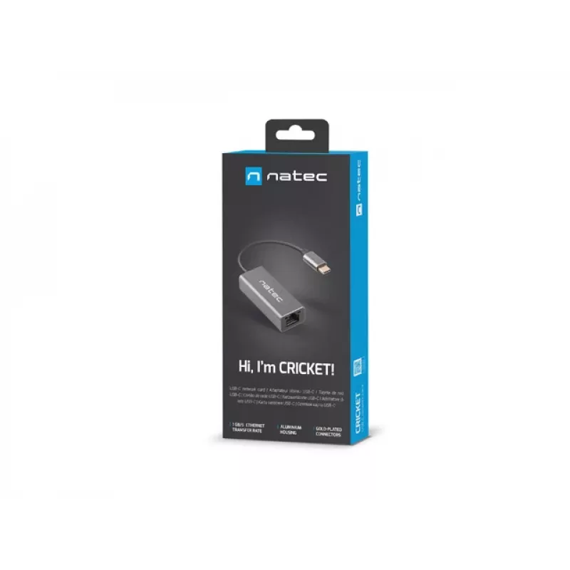 Natec Cricket NNC-1925 adattatore Ethernet da USB-C 3.1 Gen 1 a RJ45, 1000 Mbit/s, cavo da 15 cm, alluminio, grigio