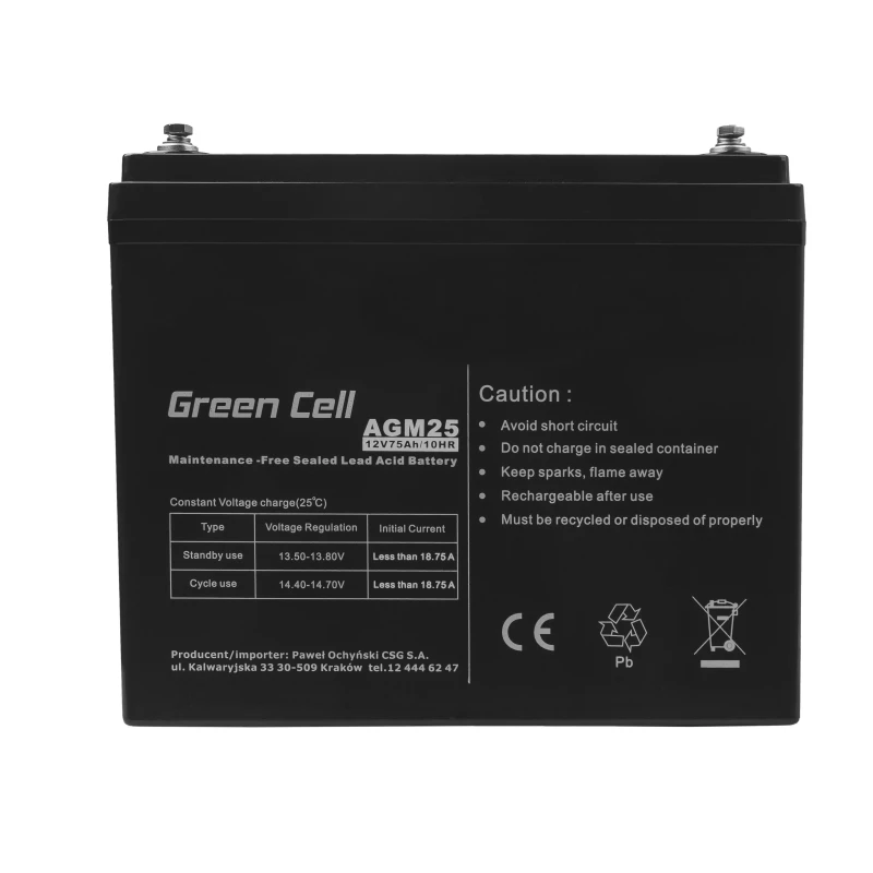 Batteria per UPS piombo-acido sigillata Green Cell AGM25 12 V 75 Ah, VRLA, 75 Ah, 12 V, 21,3 kg