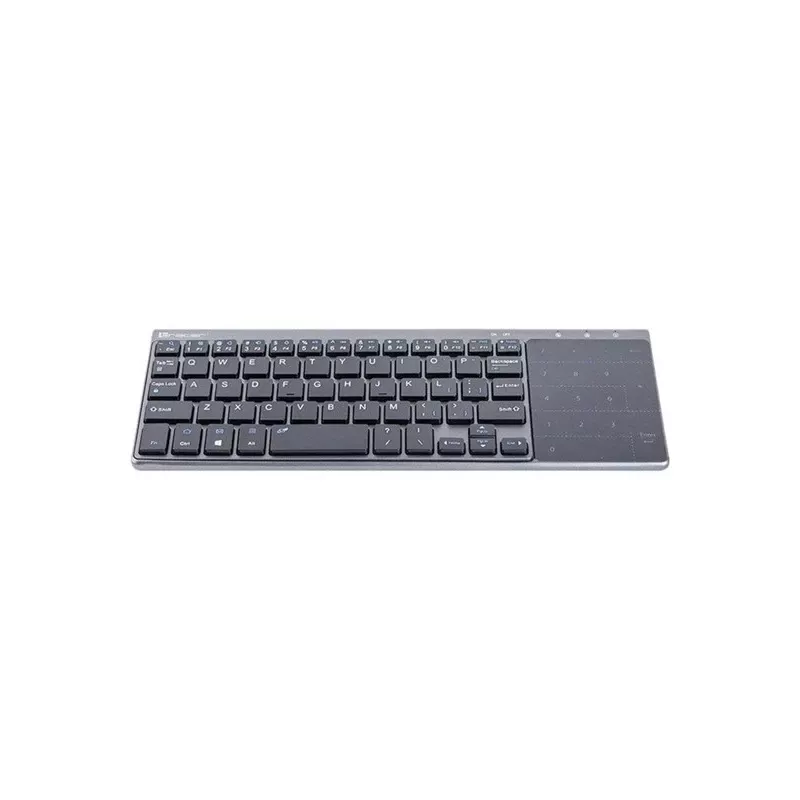 Tracer EXpert RF è una tastiera wireless ergonomica a grandezza naturale con layout QWERTY, tasti a membrana e un design sottile nero-grigio. Progettata per l'uso domestico e in ufficio, combina un touchpad integrato e tasti multimediali con una connessione wireless a 2,4 GHz per offrire una soluzione di input compatta per TV, console, notebook e PC classici.