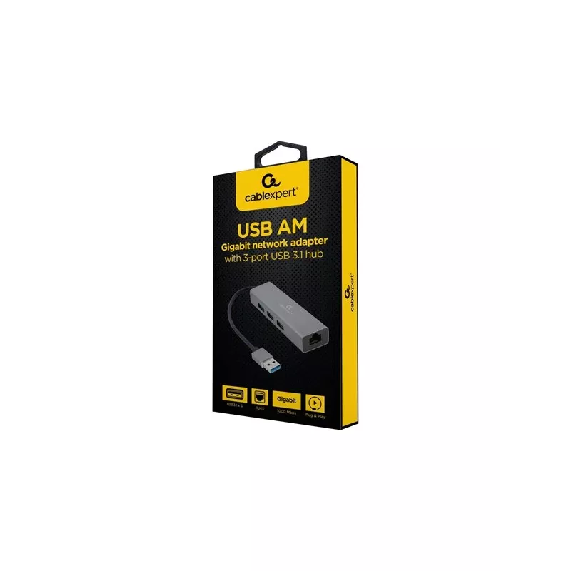 Gembird A-AMU3-LAN-01 adattatore USB-A a Gigabit LAN con hub USB 3.0 a 3 porte, nero