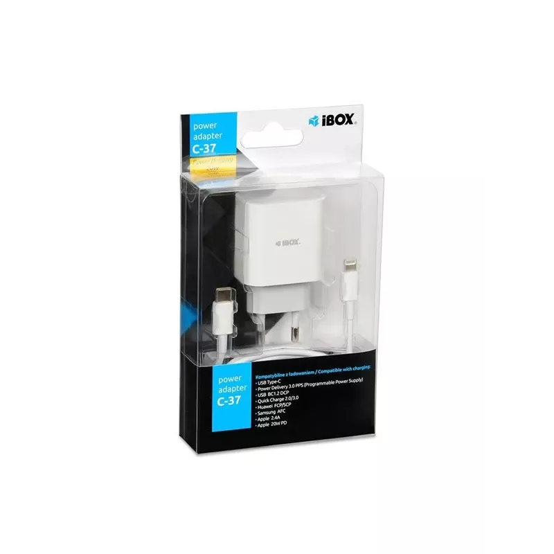 Caricabatterie rapido da interno USB Type-C IBOX C-37, 20W, USB‑C PD 3.0, uscita 3 A, bianco