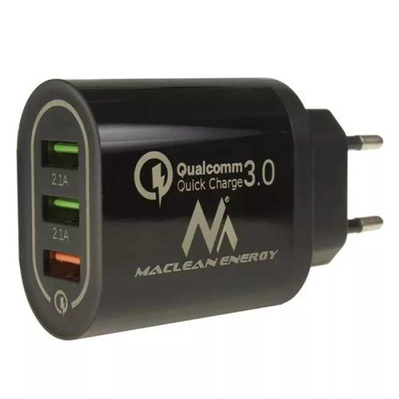 Caricabatterie da parete USB MACLEAN MCE479B — 3 porte USB, 18W di potenza totale, compatto