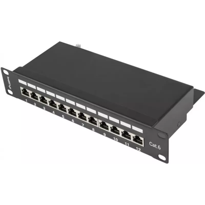 Patch panel LANBERG PPF6-9012-B — 12 porte RJ45, metallo, nero, 1U (215×44,5×130 mm)