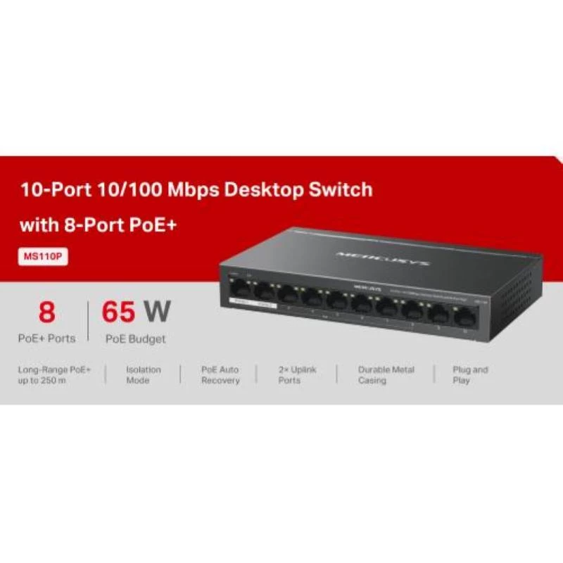 Switch Mercusys MS110P 10 porte 10/100Mbps POE+ 8 porte (Versione 1.0)