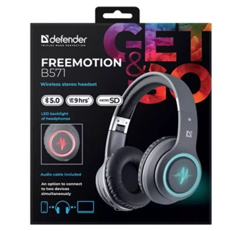 Headset DEFENDER FREEMOTION B571 LED wireless binaurale, driver 4 cm, batteria 6–8 h, design chiuso, 20–20000 Hz