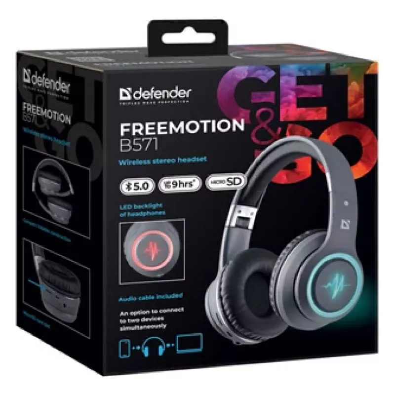 Headset DEFENDER FREEMOTION B571 LED wireless binaurale, driver 4 cm, batteria 6–8 h, design chiuso, 20–20000 Hz