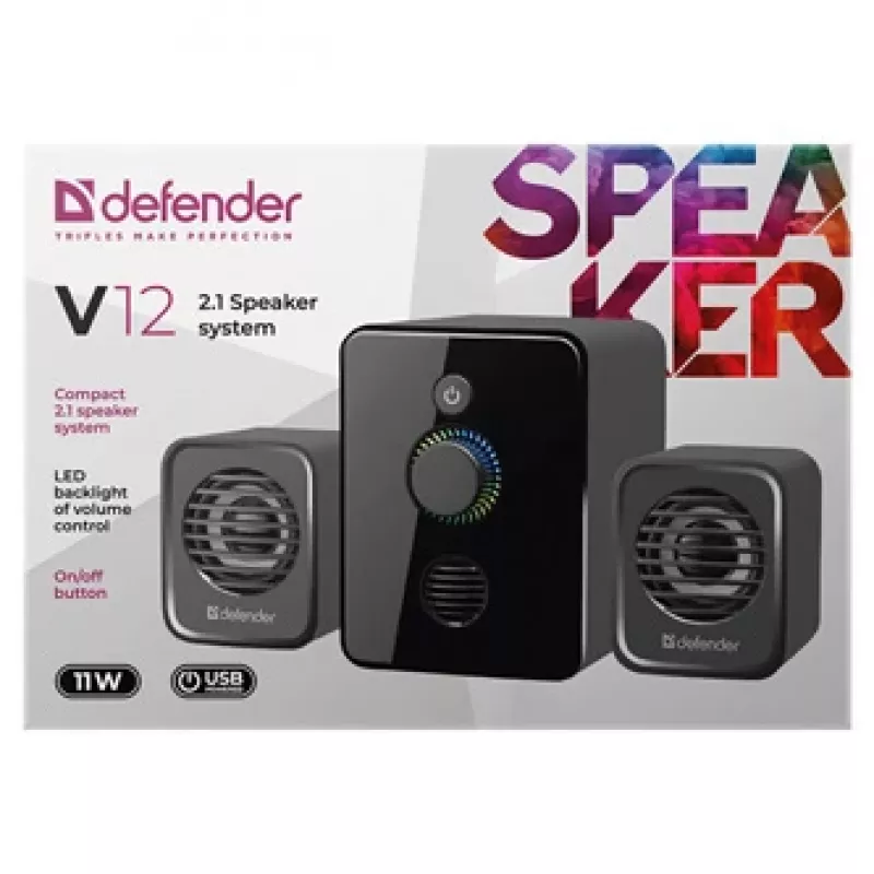 Defender V12 65212 altoparlanti per computer 2.1, 11 W, subwoofer da 5 W, alimentati via USB, retroilluminazione LED, neri, 115 x 130 x 223 mm