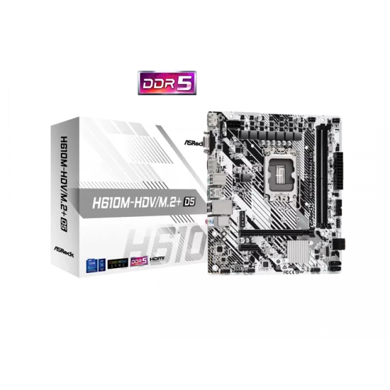 ASRock H610M-HDV/M.2+ D5 scheda madre, Intel H610, LGA 1700, Micro-ATX, 2x DDR5 DIMM (max 96 GB), PCIe 4.0 x16, 1x M.2, 4x SATA III, HDMI, DisplayPort, VGA, USB-C 3.2 Gen 1, Gigabit LAN