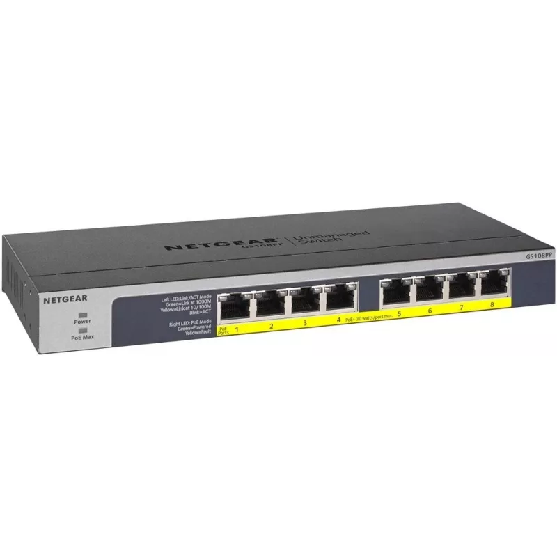 NETGEAR GS108PP switch non gestito Gigabit Ethernet (10/100/1000) Power over Ethernet (PoE) nero
