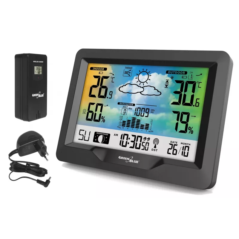 Igrometro termometro GreenBlue GB540 — interno 0–50°C / esterno -20–65°C, orologio DCF, sensore esterno 60 m, nero